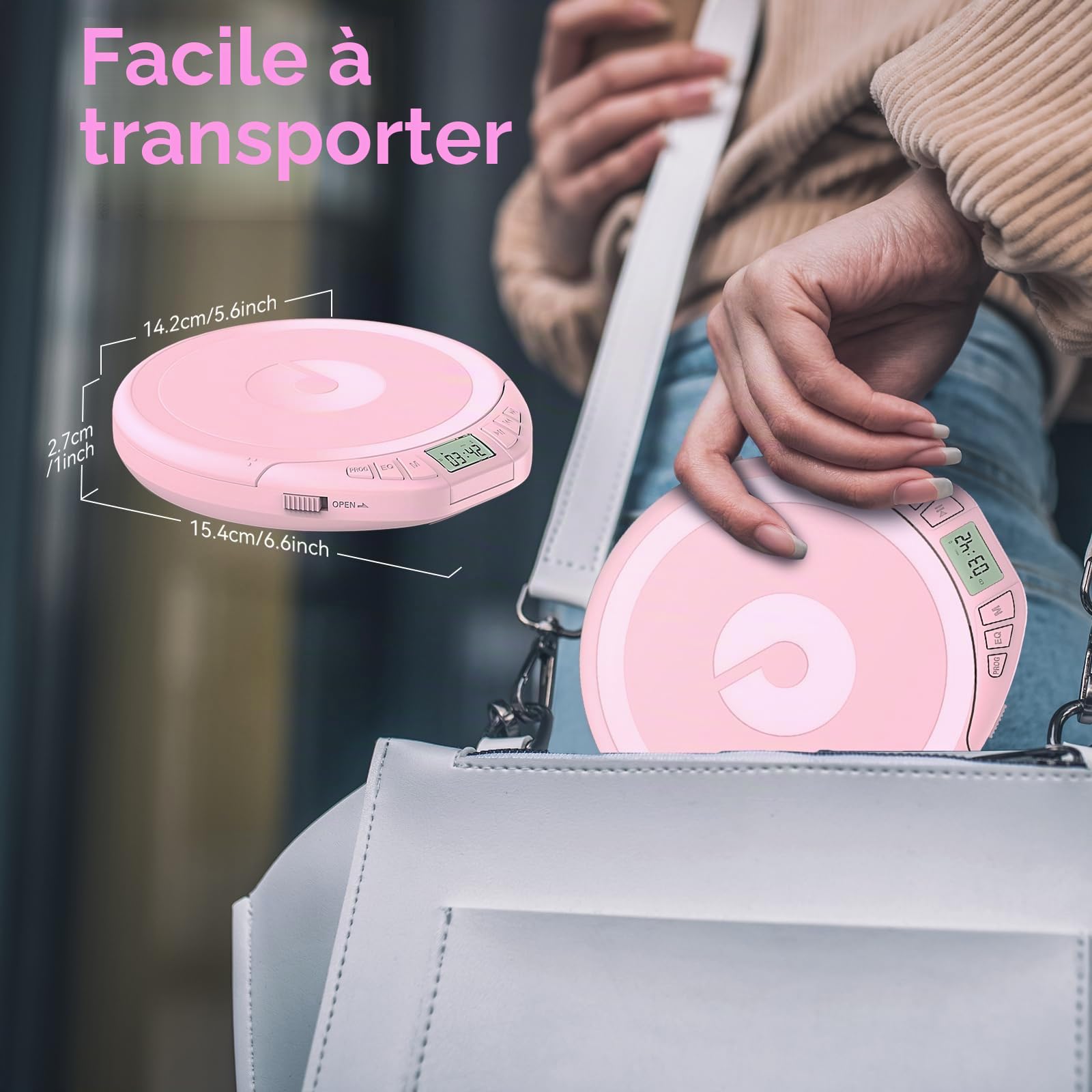 Gueray Lecteur CD Portable avec Casque Écran LCD Protection Anti-Saut Lecture HiFi Classique Fonction Mémoire Prog Lecteur CD Personnel pour Voiture Maison (Rose)