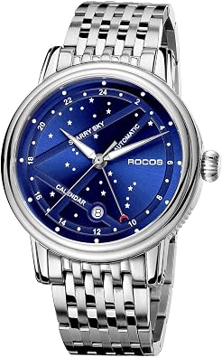 ROCOSJEWE Mens Luxury Automatic Mechanical Watch, Luminous Night Sky Stainless Steel Strap, Waterproof, Date Display, Fashion Business Watches for Men