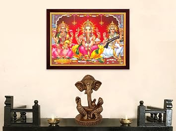 Lakshmi Ganesha Saraswati Photo Frame - Hindu Wall Art, 13.5 x 9.5 Inch | SANVIKA Tridevi HD Print, Acrylic Glass, Ready to Hang - Pooja Room, Home Mandir, Office, Living Room Decor, Diwali Gift