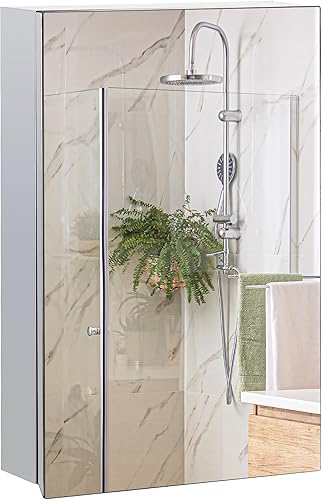 Miniatura 10 de kleankin Botiquín montado en la pared con espejo, armario de espejo de baño montado en la pared con puerta con bisagras, estantes de almacenamiento