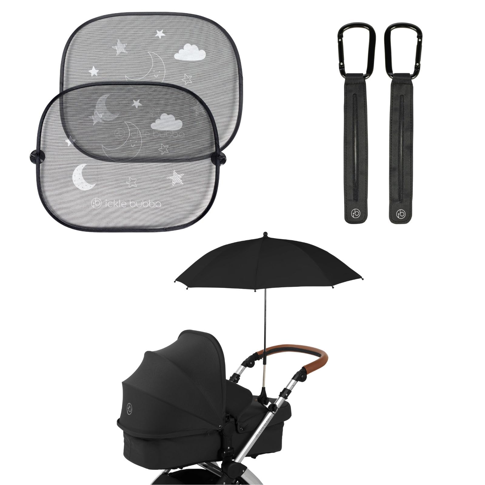 Ickle Bubba Summer Accessory Bundle – Pram Clips, Adjustable Parasol & Car Sunshades – Stylish Black Accessories for Strollers, Perfect for Sunny Days & UV Protection