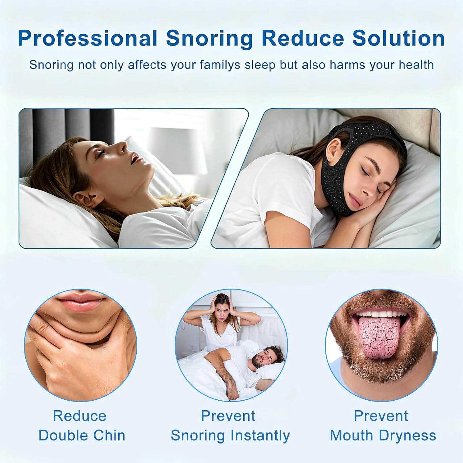 Chin Strap for Sleeping, Anti Snoring Devices Comfortable Effective | Stop Snoring Solution, Snore Stopper Breathable, Anti Snoring Chin Strap Adjustable Velcro, with Eye Mask, Black thumbnail