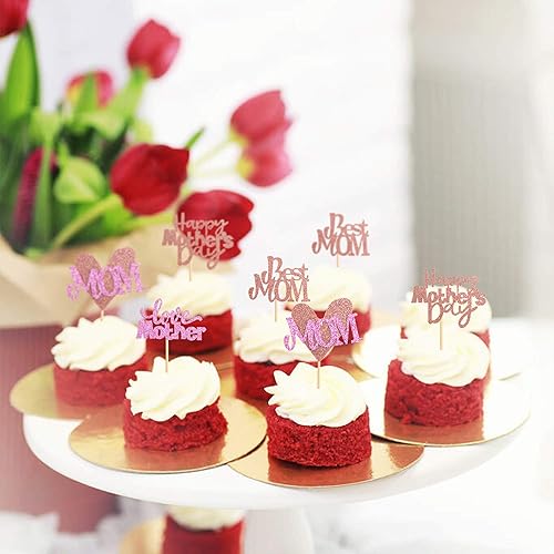 Miniatura 6 de Ercadio Paquete de 24 adornos para cupcakes para el Día de la Madre con purpurina de oro rosa con purpurina "I Love Mom" para cupcakes de