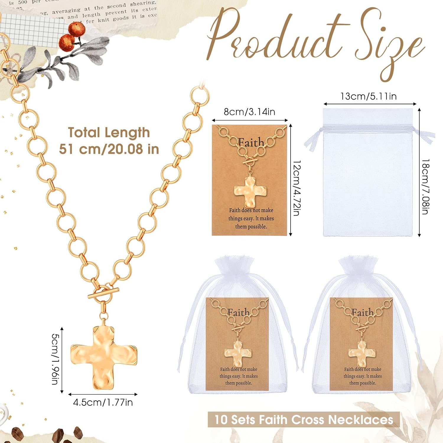 Highergo 10 Sets Faith Cross Necklaces Bulk Christian Gifts for Women Easter Religious Gift Bible Verse Card Organza Bag, Baptism Prayer Religious Bible Verse Jewelry Gifts,Easter Basket Stuffers