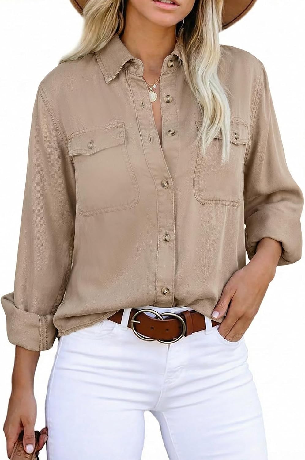 Astylish Women Button Down Denim Shirts Casual Long Sleeve V Neck Chambray Blouse Top