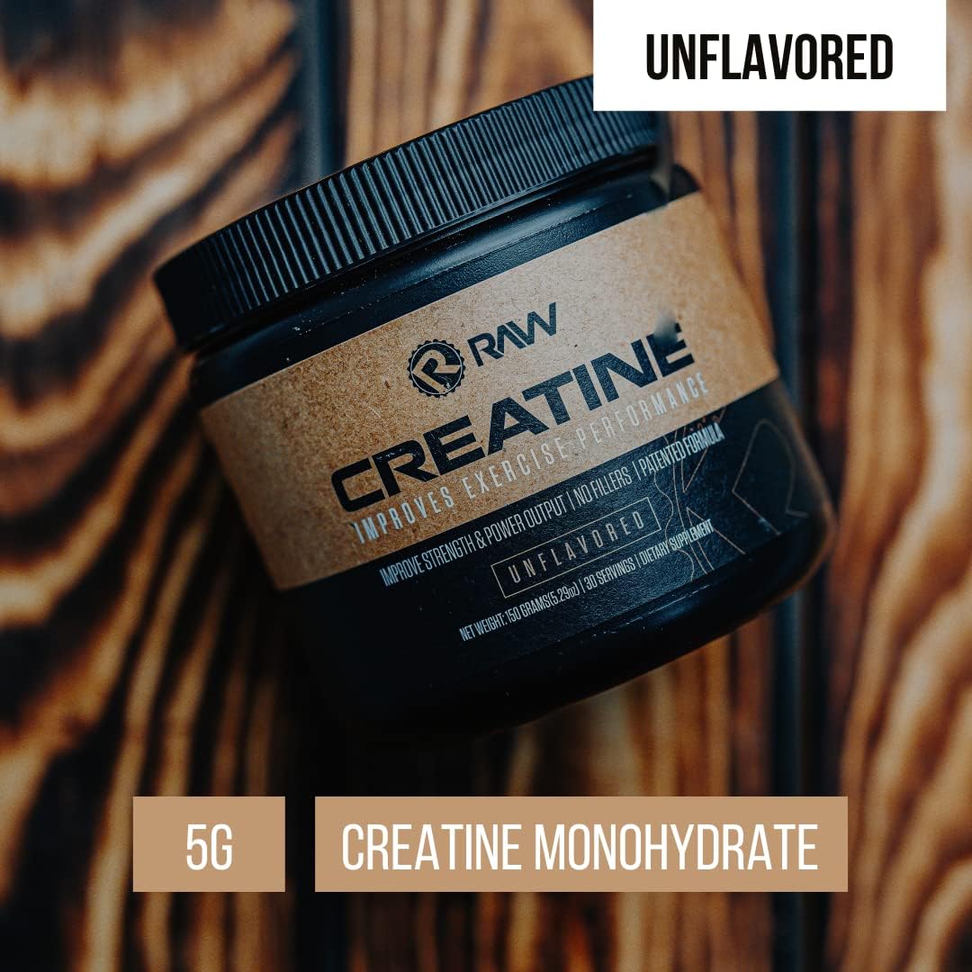 RAW NUTRITION Creatine Monohydrate Powder Unflavored | Micronized Creatine Monohydrate Supplement Helps Workout Performance, Build Muscle & Strength | Creatine for Men & Women, 150g (30 servings)