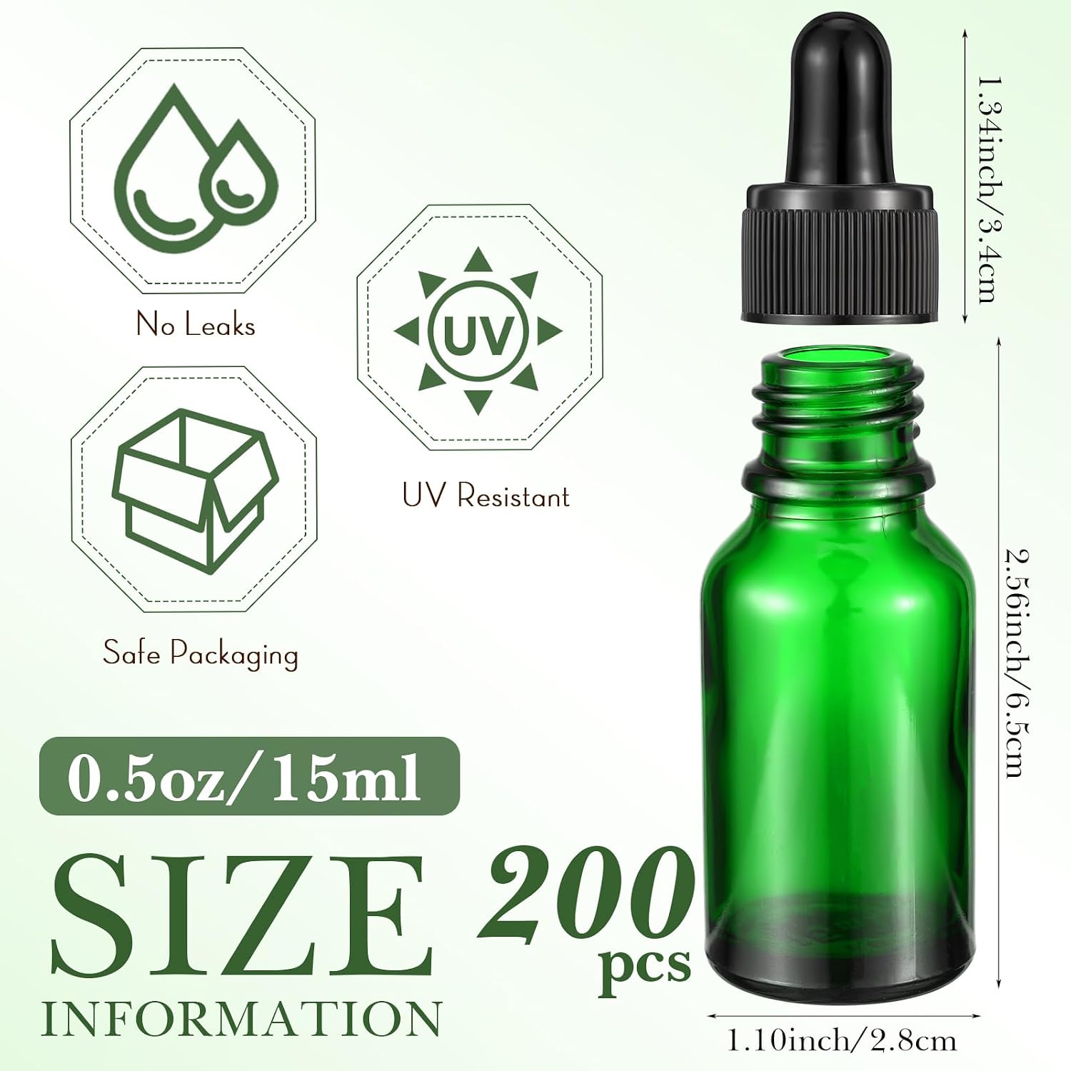 Tanlade 200 Pack 15ml Dark Dropper Bottles 1/2 oz Glass Dropper Bottles Brown Tincture with Eye for Essential Oils Liquids Perfumes Lab Chemicals and Travel(Green)