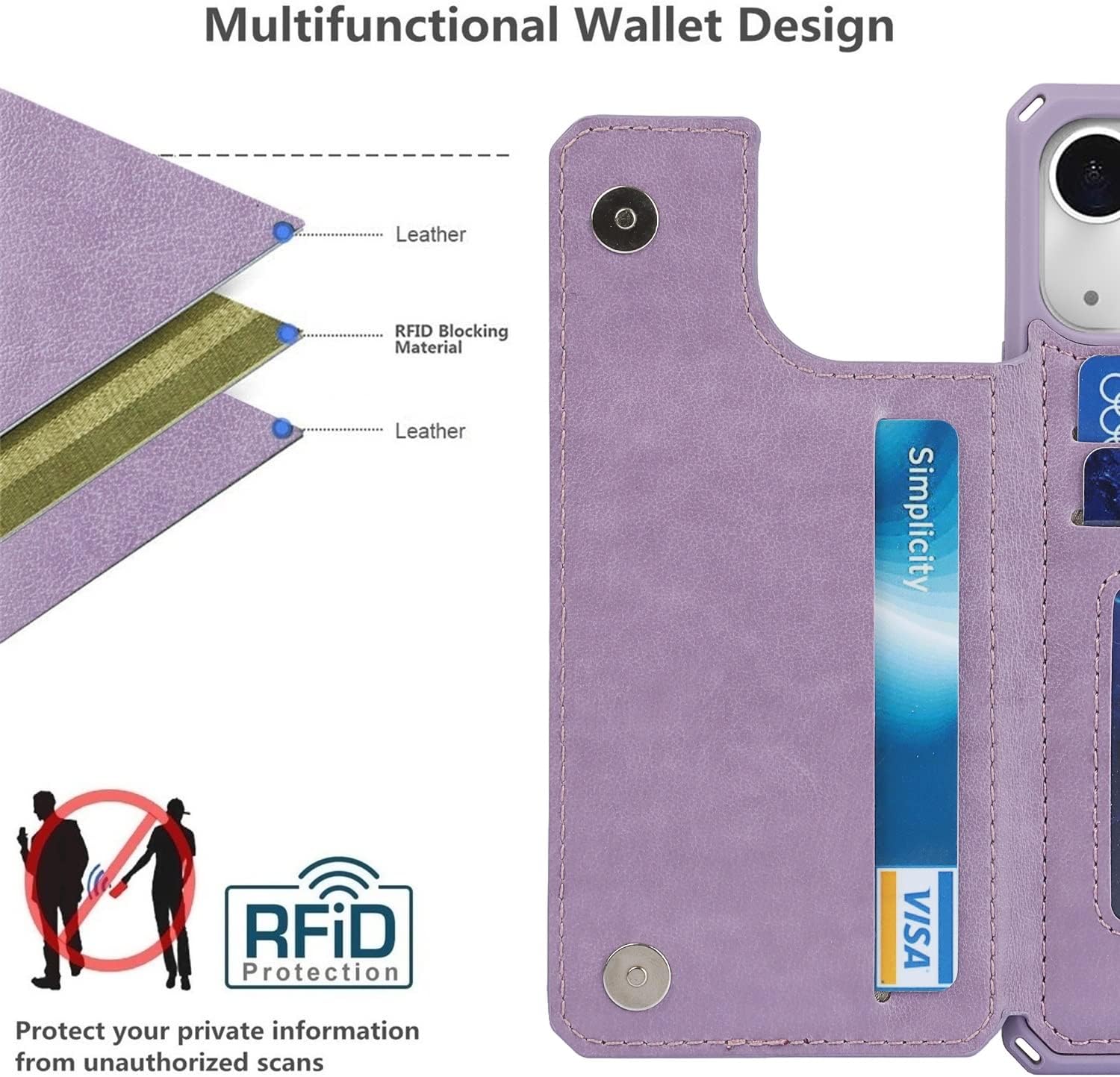 iCoverCase for iPhone 13 Wallet Case with Card Slots Holder Kickstand [RFID Blocking] Embossed Leather Magnetic Shockproof Cover with Wrist Strap (Heart Purple), Purple