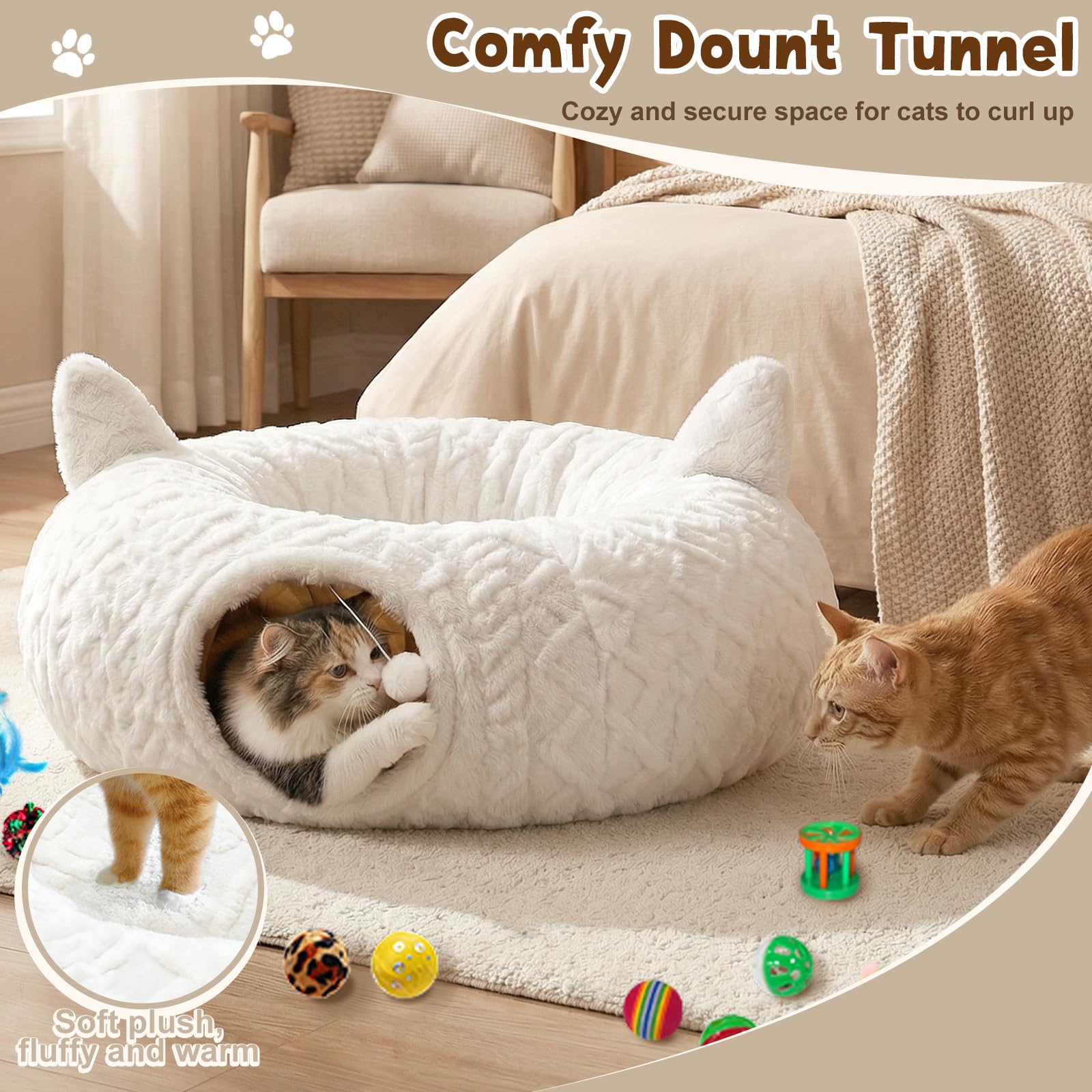 Katzentunnel Rund Weiß mit Katzenbett, Plüsch Katzen Donut Tunnel mit 11 interaktiven Spielzeugen & Waschbarer Matte, Peekaboo Katzenhöhle Spieltunnel unter dem Weihnachtsbaum für Katzen