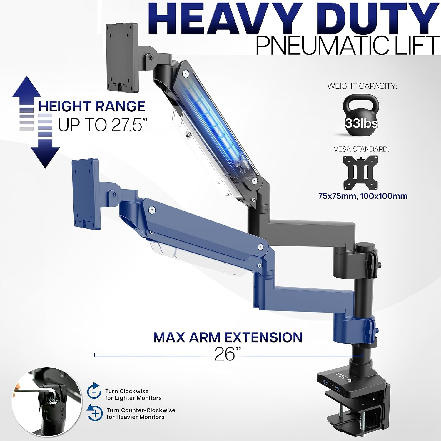 VIVO Premium Aluminum Tall Extended Monitor Arm for Ultrawide Monitors up to 49 inches and 33 lbs, USB Single Desk Mount Stand, Pneumatic Height Adjust, Max VESA 100x100, Black, STAND-V101GTU image 5