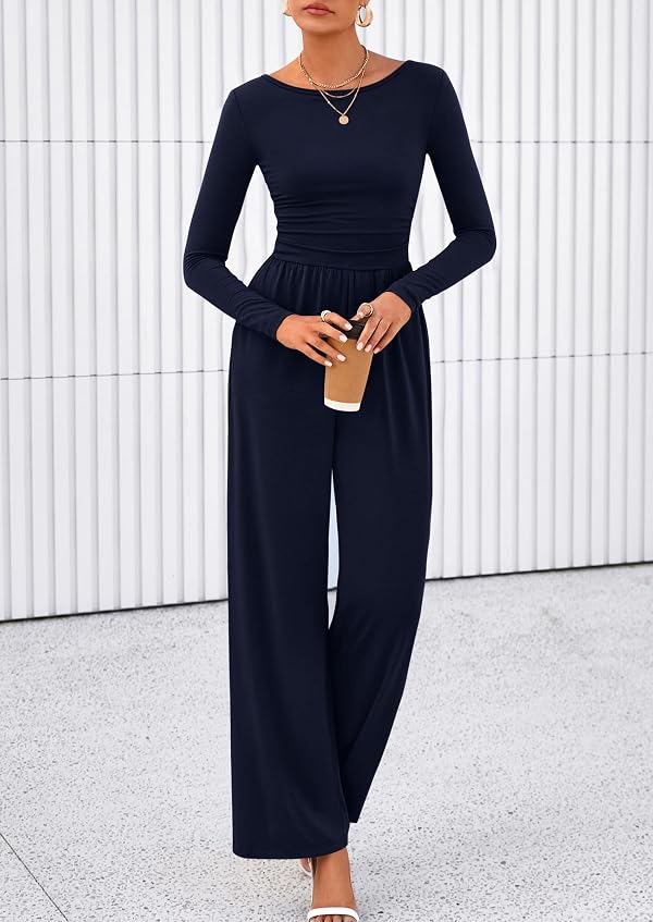 PRETTYGARDEN One Piece Jumpsuits for Women Dressy Casual Long Sleeve Crewneck Wide Leg Overalls Rompers Fall Fashion Vacation Outfits 2026 (Navy Blue, XS) by PRETTYGARDEN - Used condition - Image 3