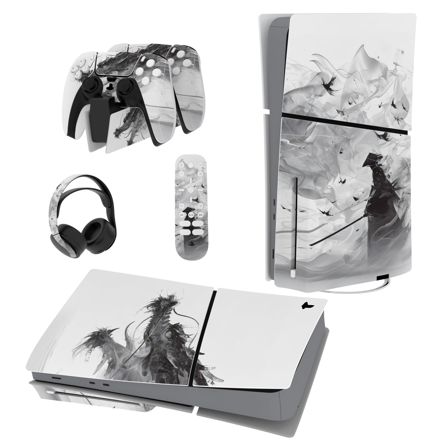 PlayVital Pegatina de Vinilo para ps5 Slim Disc Edición - Adhesivo Completo para Consola, Mando, Auriculares, Estación de Carga y Control Remoto, Skin Personalizada (Dragón De Bruma)