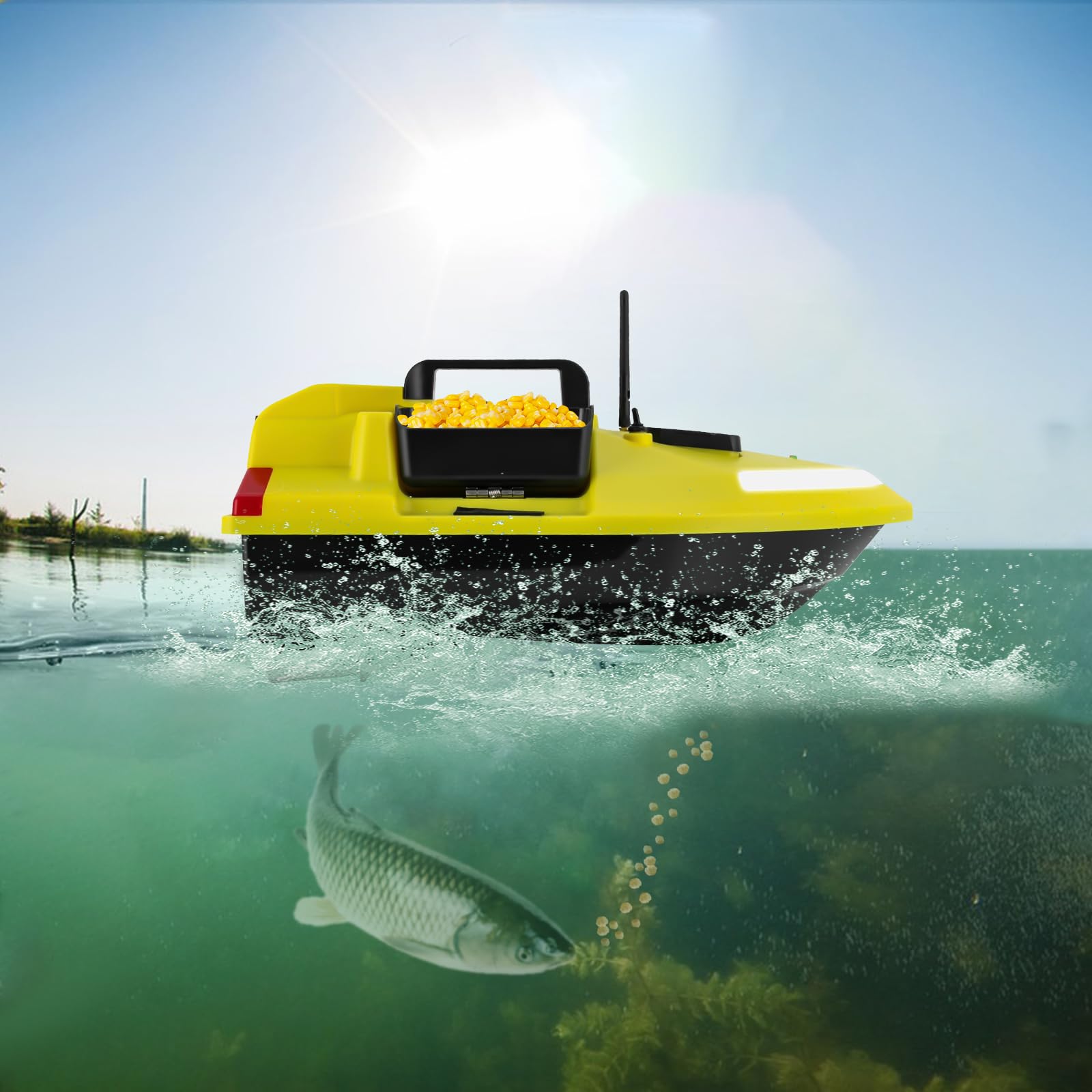 500m RC Köderboot mit GPS & 3 Köderboxen, ABS Angelköder Boot Fernbedienung Futterboot Fischköder Angeln Futterboot, Suchscheinwerfer & 12000mAh Batterie Fischköder-Boot (Gelb)
