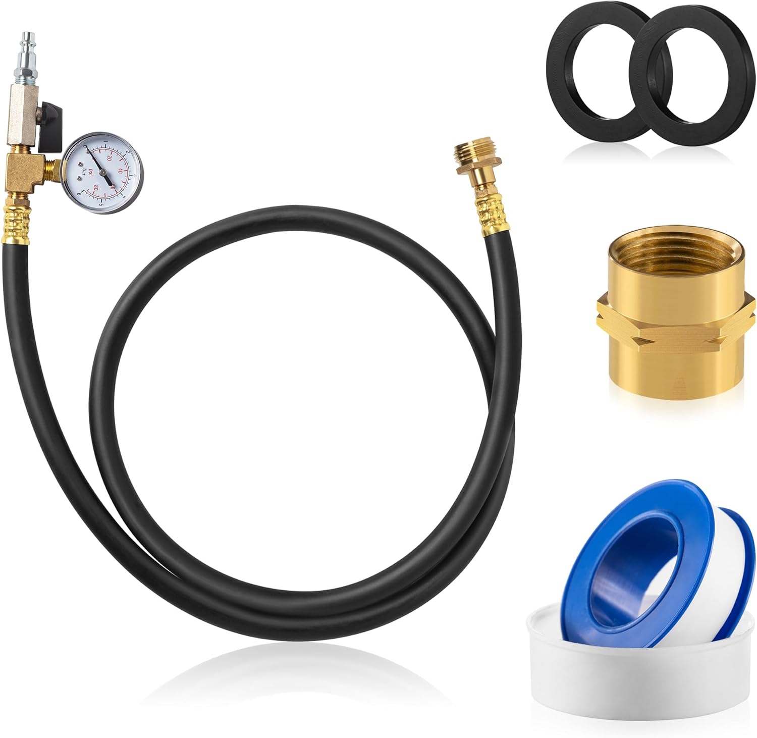 Winterize Sprinkler Blowout Adapter 60'' RV Winterizing Kit with integrated Pressure Gauge Shut Off Valve 1/4” Plug Air Compressor 3/4" GHT Connect for Motorhome Boat Camper Travel Trailer (black)