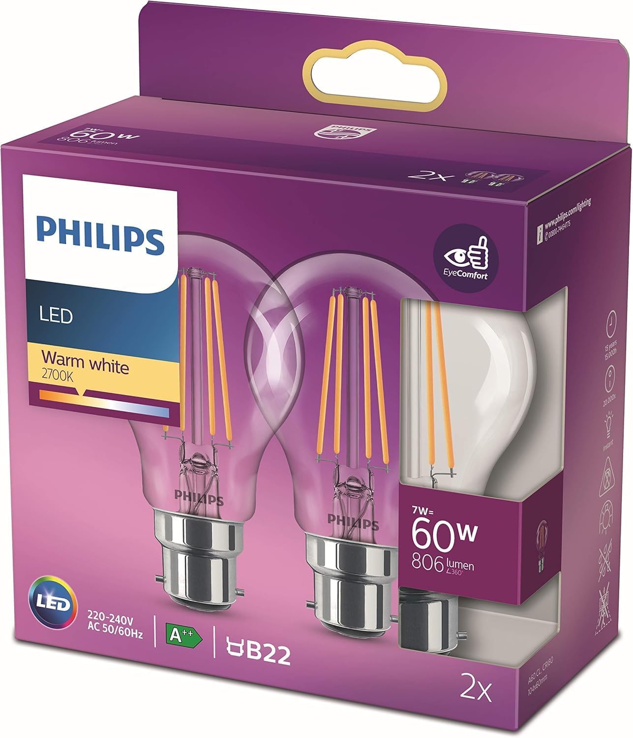 Philips LED Classic 8.5W B22 Bayonet Bulb - pack of 2