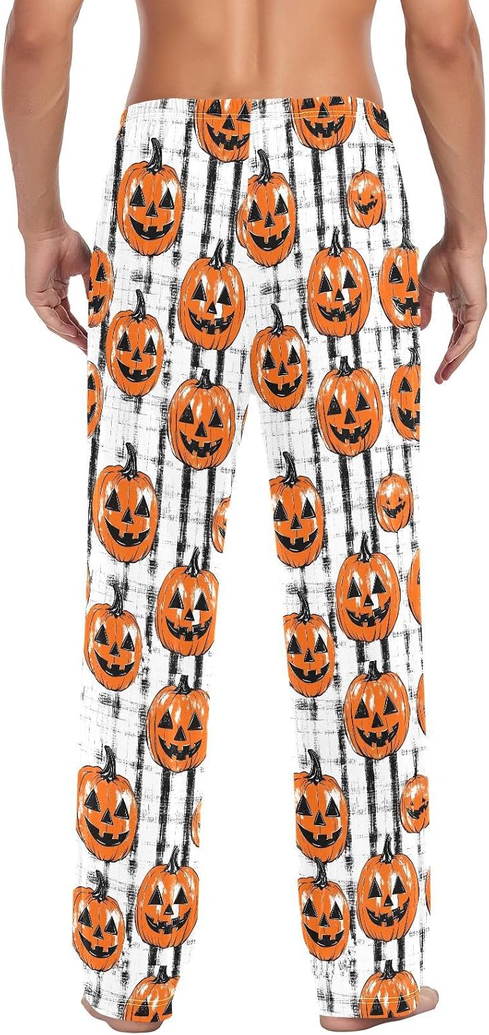 Halloween Pumpkins Men Cotton Flannel Pajama Pants Black White gingham Tartan Mens Lounge Sleep PJ Bottoms L