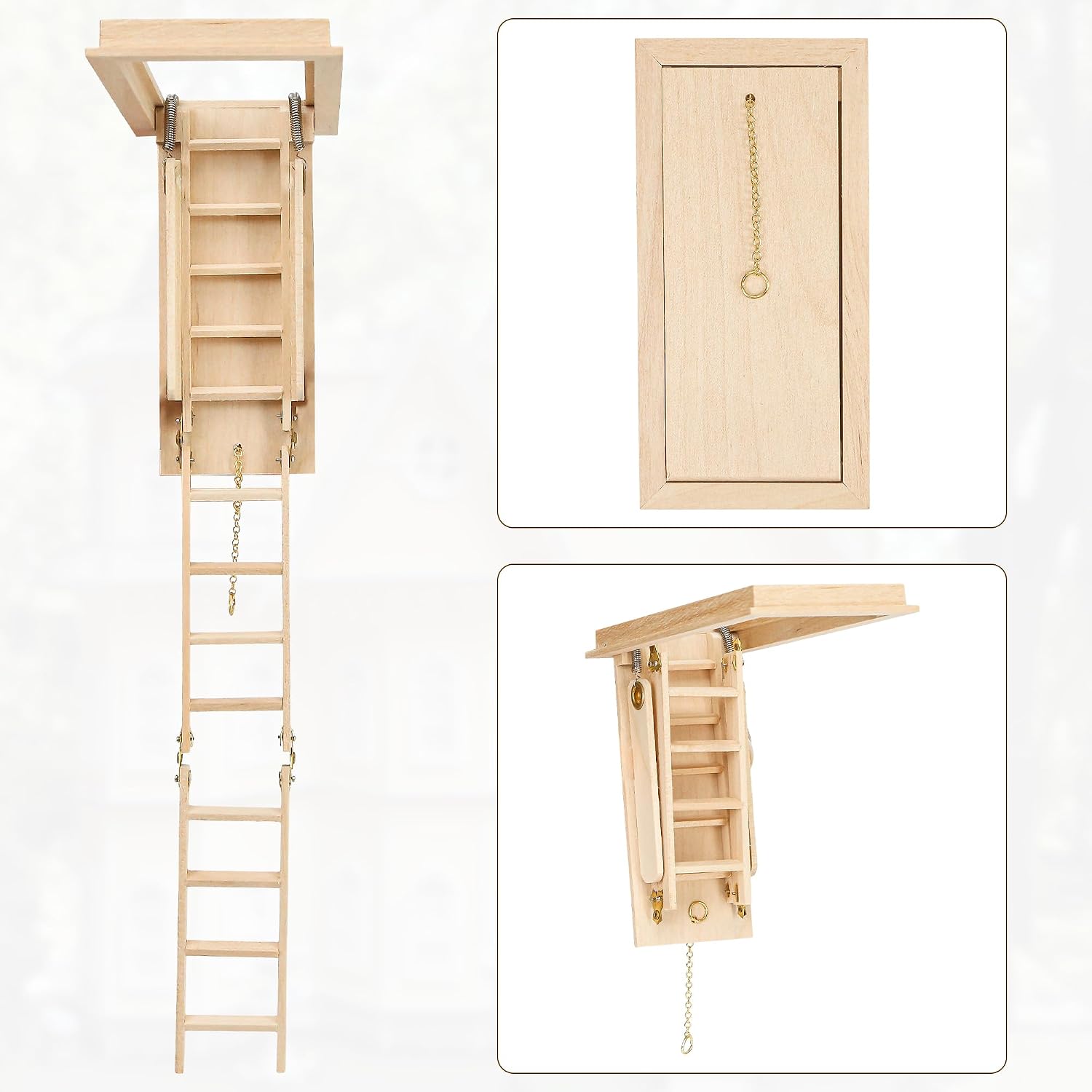1/12 Scale Miniature Folding Attic Ladder – Dollhouse Furniture Mini Wooden Step Stairs, Small Decorative Staircase for Dollhouse Scene, DIY Accessories, Landscape and Home Decor