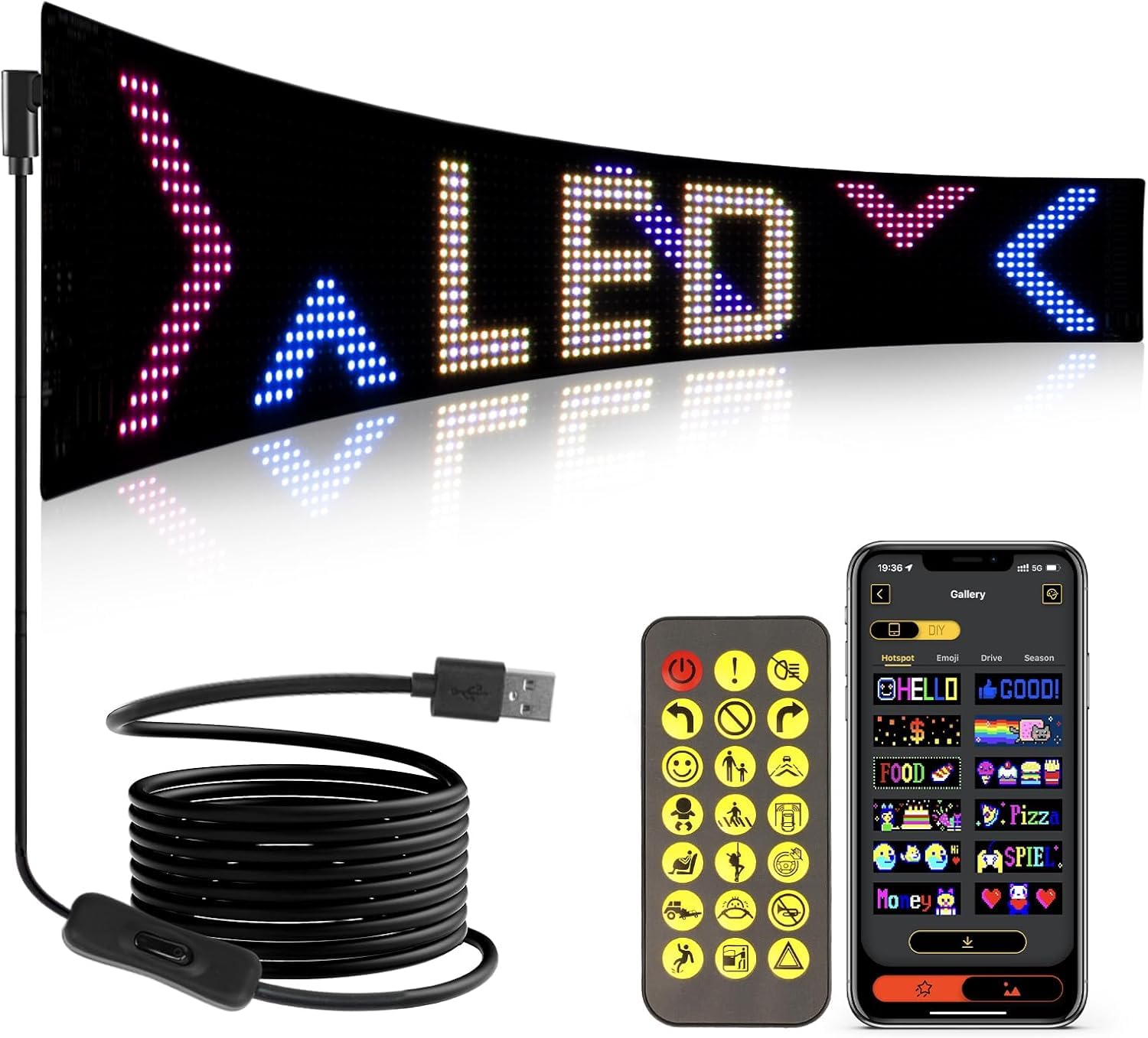 YAYZA! Scrolling LED Sign, 4.72 * 23.43in Bluetooth Control Programmable LED Sign, Flexible Foldable Customizable Text Pattern Animation, USB 5V Devil Eyes RGB Color Light, for Car Bar Hotel Truck