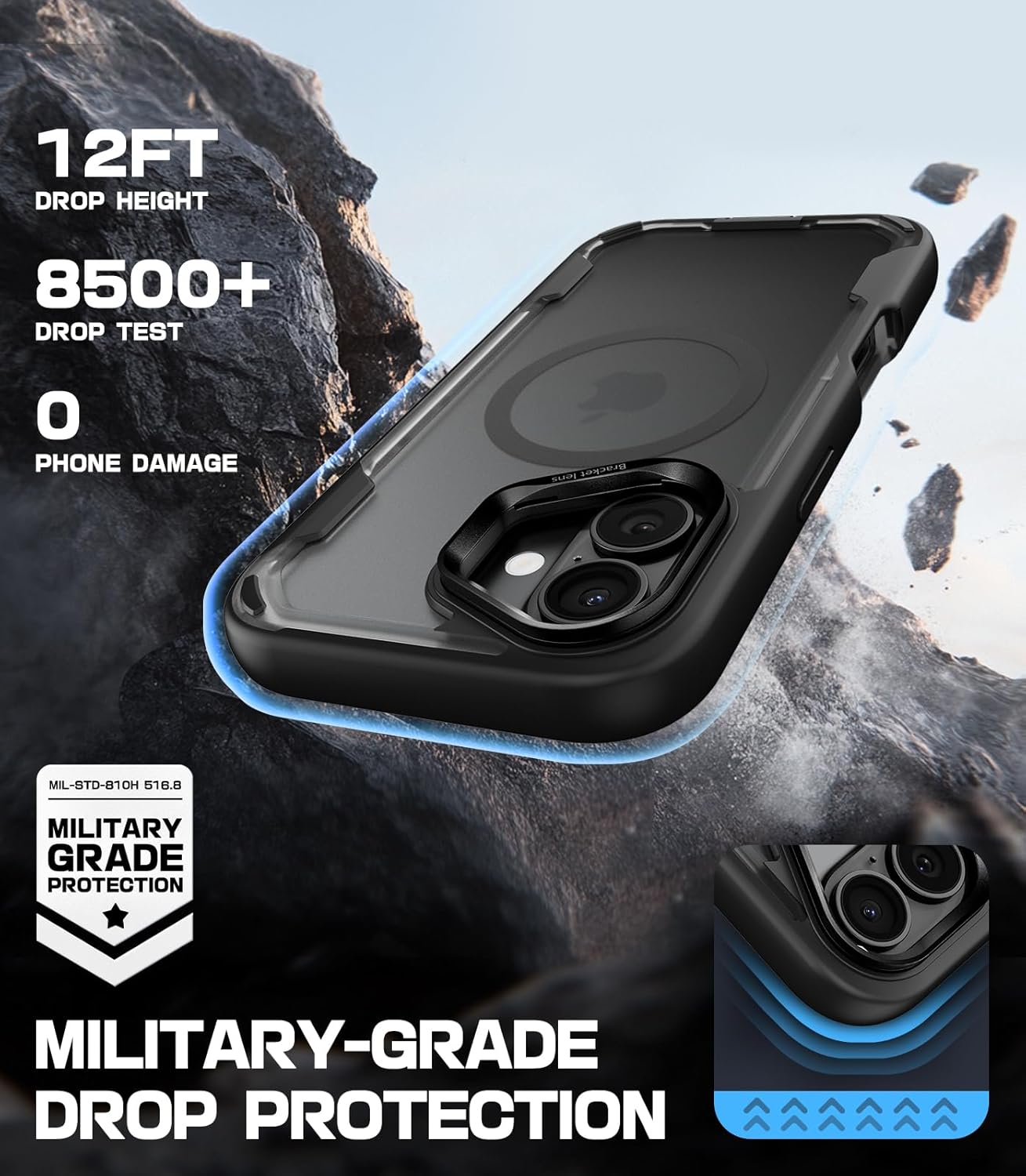 Mobnano for iPhone 16 Case, Compatible with MagSafe, Translucent Matte Cover with Built-in Stand, Military-Grade Heavy Duty Protection, Shockproof Case with Camera Lens Guard - Black