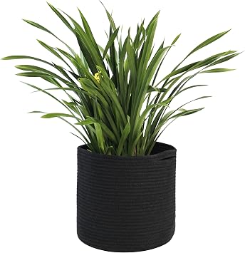 MEGASKET Cotton Rope Plant Basket, Woven Basket Planter for 11 inch Pot, Round Indoor Tree Pot Cover, Storage Bin Organizer, Modern Planter and Home Decor, 12.5X12.5, Black