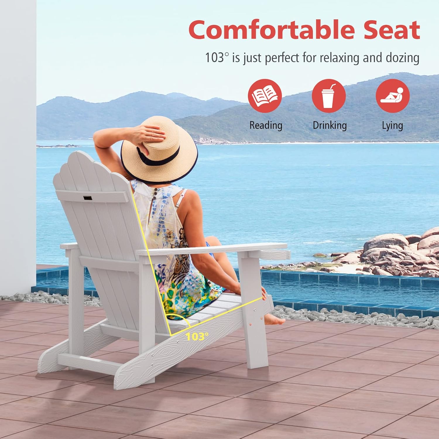 Tangkula Oversized Adirondack Chair, Patio Lounge Chairs w/Adjustable Cup Holder, Hips Armchairs Slatted Chair, Outdoor Weather Resistant Fire Pit Chair for Deck Backyard Garden Porch (1, White)