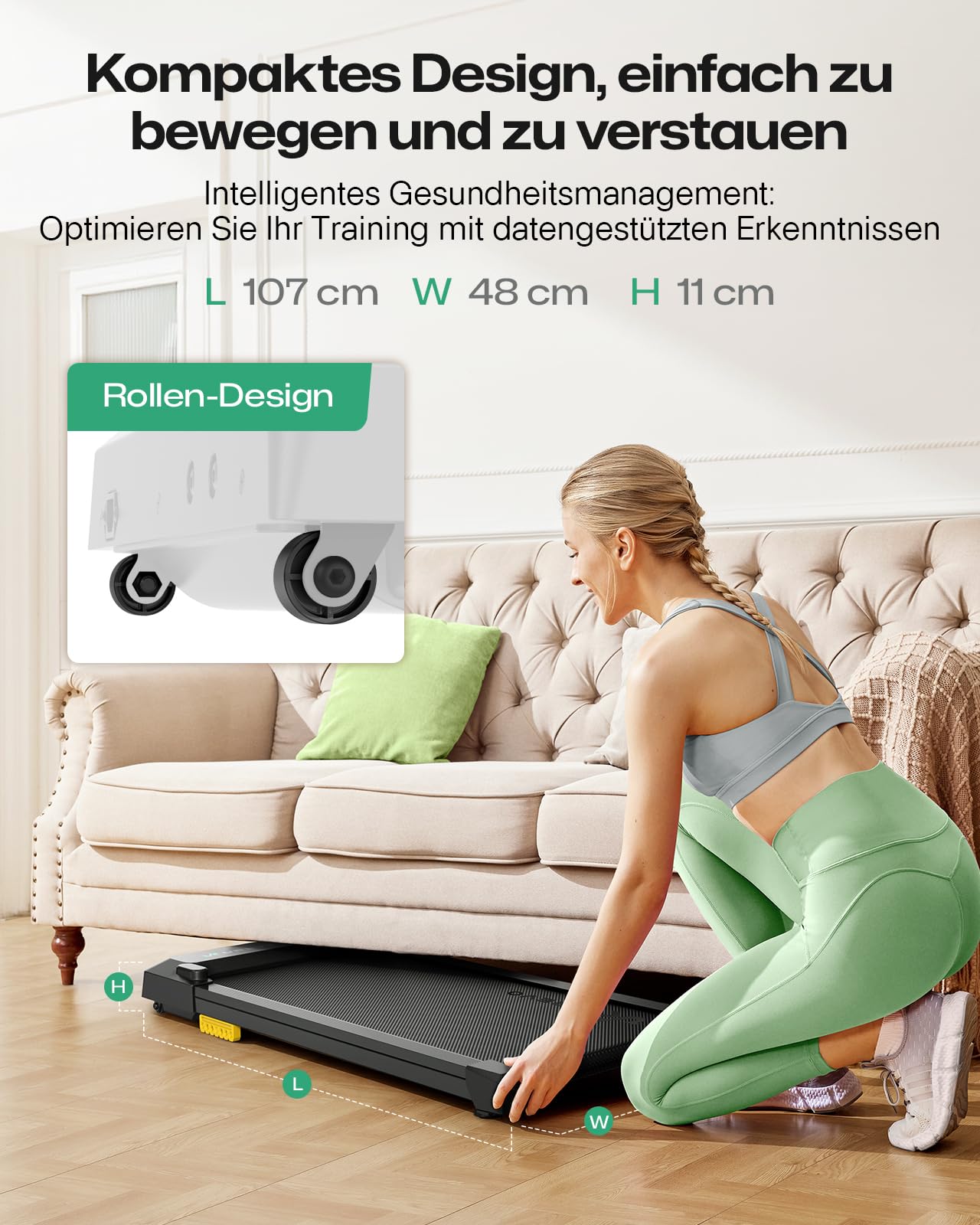 UREVO Smart Walking Pad, kompaktes Laufband unter Schreibtisch | Doppelter Stoßdämpfung, Workout-App mit Track Insights und MIIT-Modus, Fernbedienung oder App-Steuerung für das Home Office