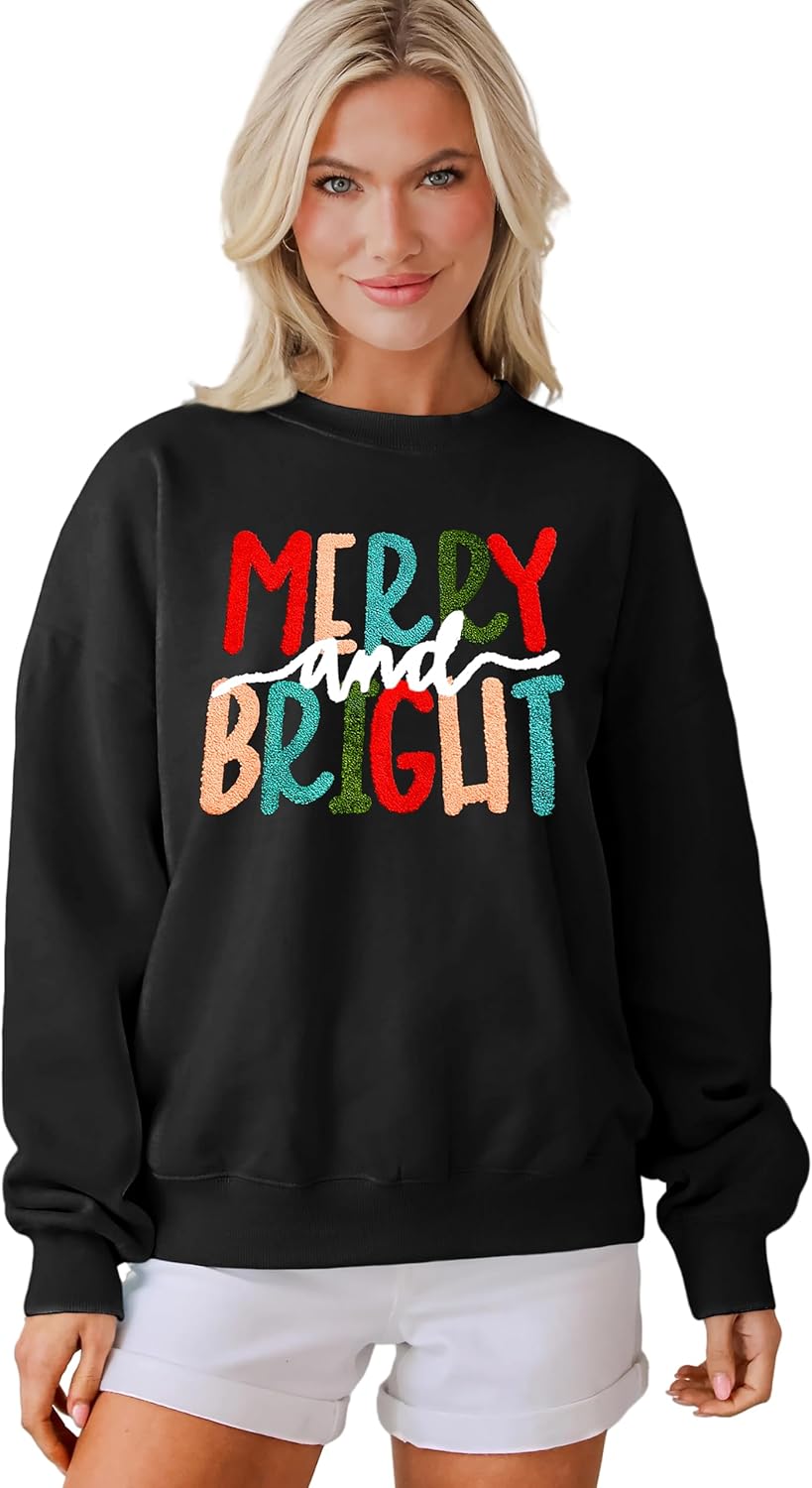 MAPICK Christmas Sweatshirt for Women Merry and Bright Embroidery Sweaters Crewneck Fleece Linend Warm Winter Clothes