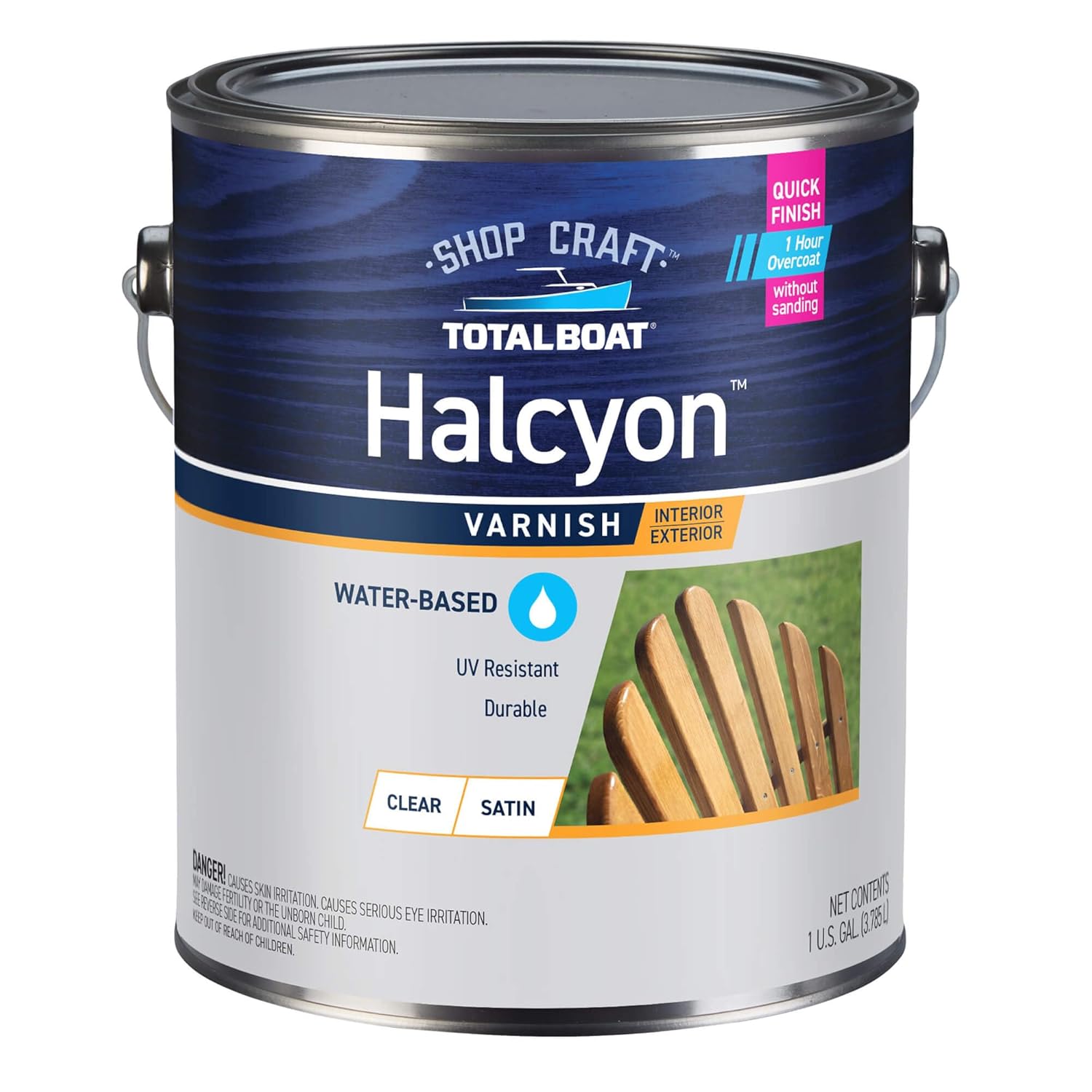TotalBoat Halcyon Water-Based Marine Varnish | Fast-Drying Polyurethane Wood Finish for Boats, Outdoor Furniture, and Woodworking | Clear Satin, Gallon