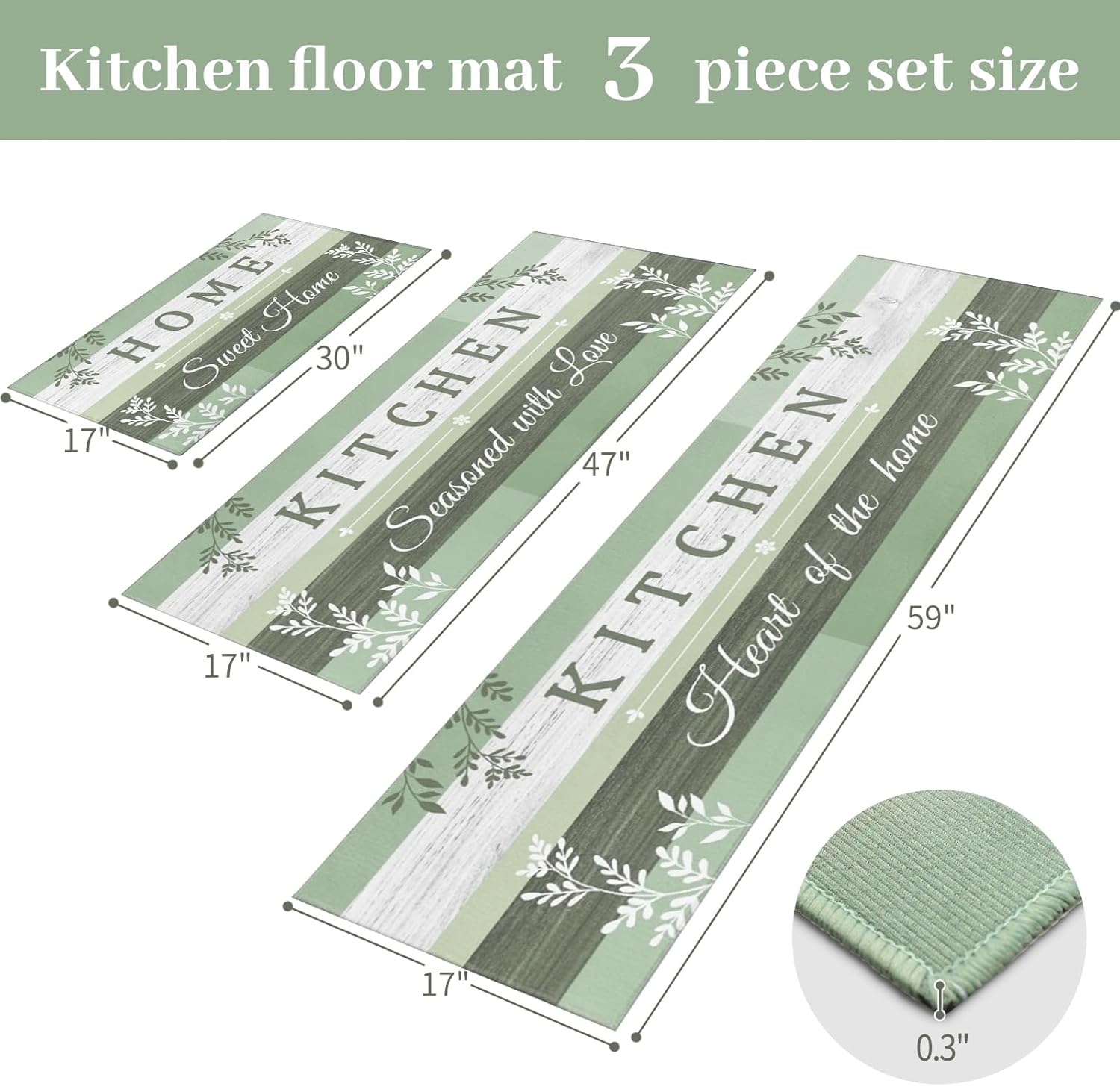 Sage Green Kitchen Rugs Sets of 3 Piece with Runner, Boho Floral Leaves Kitchen Floor Mat Rug Carpet Sage Green Kitchen Decor and Accessories Stuff for Home