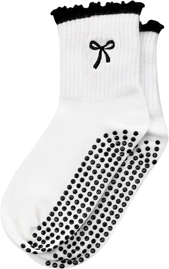 Jeyiour Summer Cute Pilates Socks Women Bow Nonslip Ruffle Yoga Socks with Grip Barre Pilates Gift for Work Dance Fitness