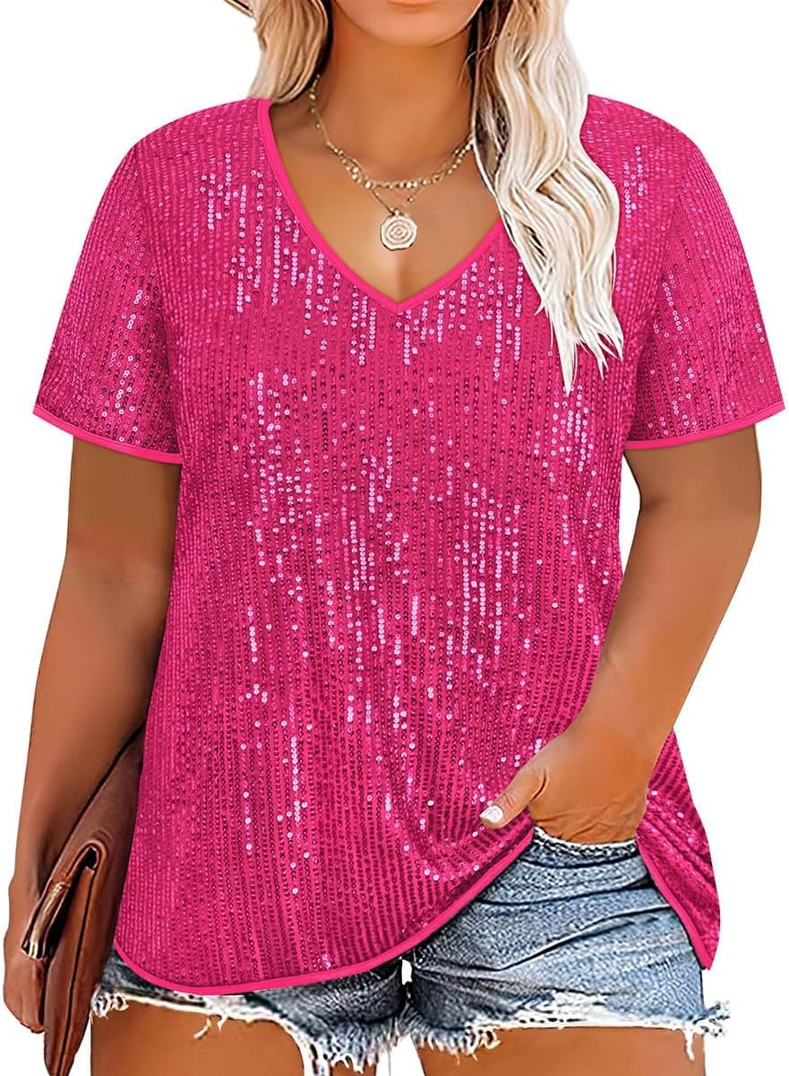 TIYOMI Plus Size Sequin Tops Short Sleeve Shirts for Women V-Neck Party Sparkly Tunics XL-5XL
