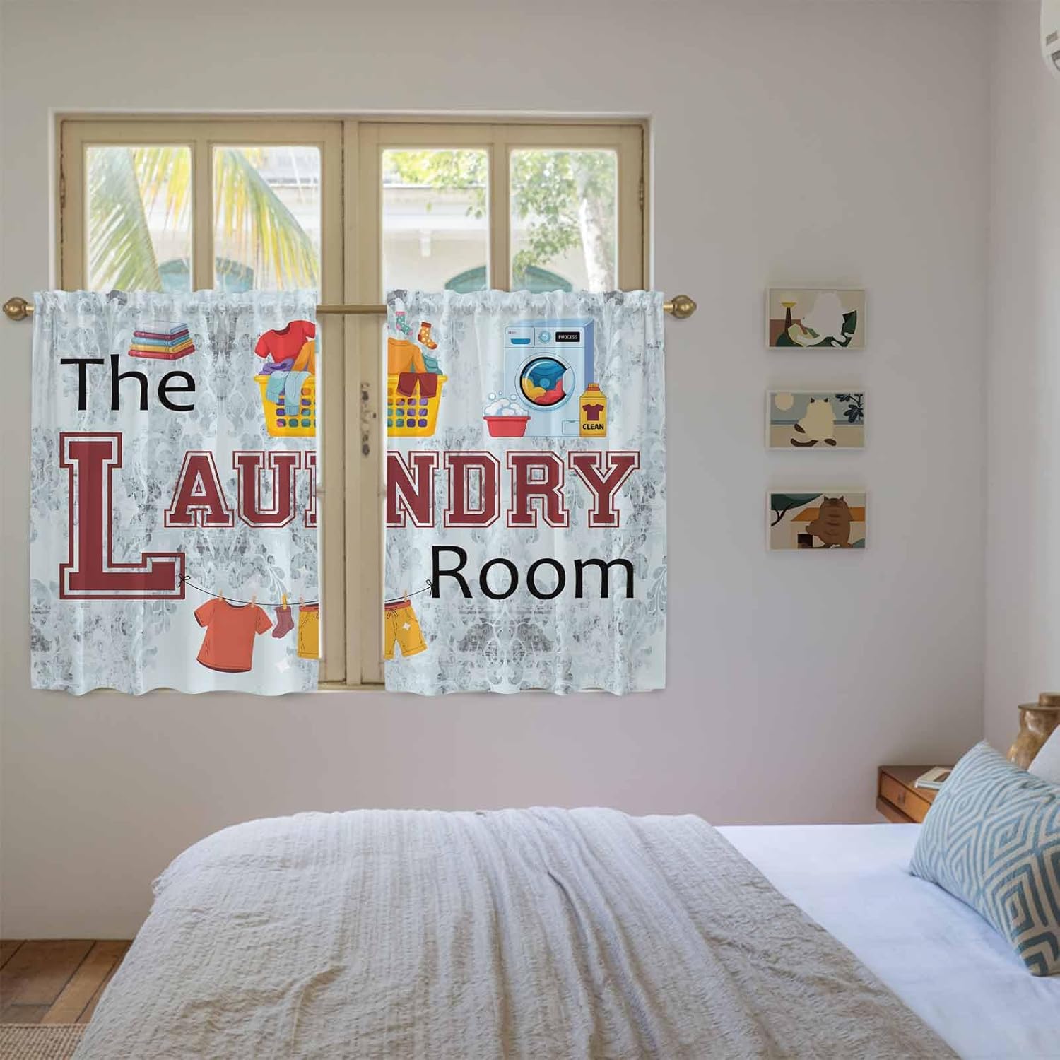 Laundry Room Kitchen Curtain 45 Inch Length, Rustic Blue Fold Short Cafe Tiers Curtains Drape, 2 Panel Window Treatment Rod Pocket Drapery Panels Curtains for Laundry Room/Kitchen Windows, 104x45