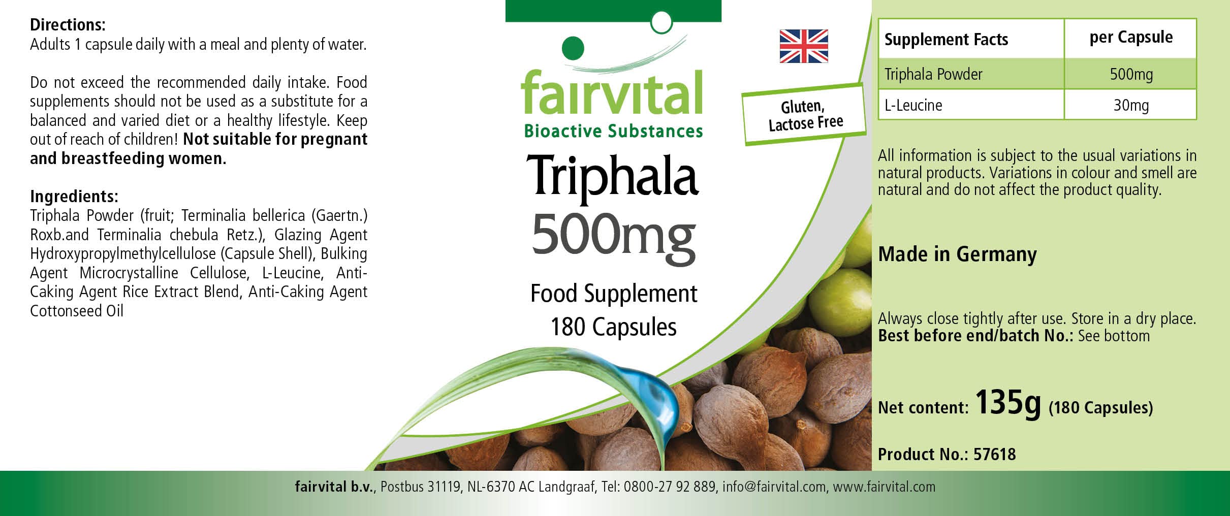 fairvital Triphala 500 mg, 180 capsule vegane, tripla frutta ayurvedica, Amalaki, Haritaki, Bibhitaki, qualità testata e ad alto dosaggio, Made in Germany