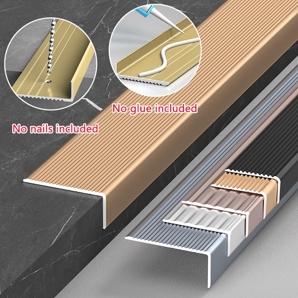 Perfil de protección antideslizante para borde de escalón en forma de L, 90/134 cm, perfil angular de aluminio para escalera, para interiores y exteriores(Plata,90cm/35in)