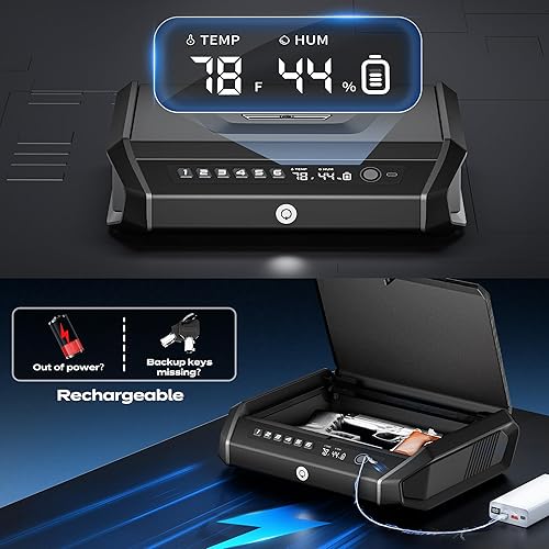 Miniatura 4 de Caja fuerte para armas con pantalla LCD, 0.1s de acceso rápido para pistola de 2 a 4 pistolas, caja de bloqueo de pistola de mano con huella