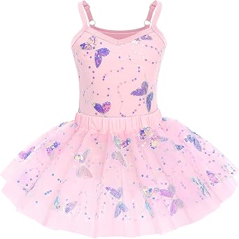 AFAVOM Girls Butterfly Sequin Camisole Ballet Dance Dress Glitter Ruffle Tutu Skirt Leotard Ballerina Costume for Toddler Kid