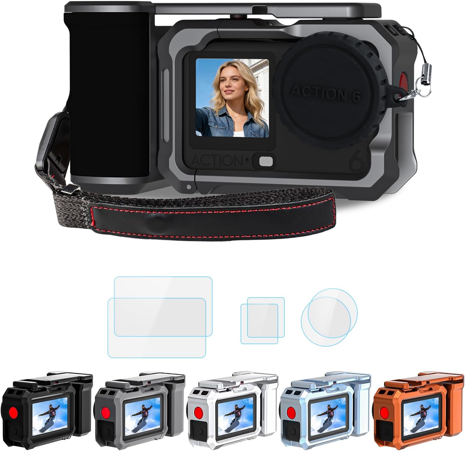 YETAKKR Camera Protection Kit for DJI OSMO Action 6 Aluminum Grip Set - 11-Piece Bundle: Street Photography Handle + Protective Cage + 9H Screen Protector + Wrist Strap Bundle Accessories