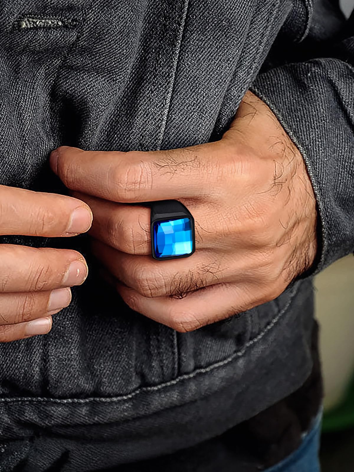 U7 Anello Uomo con Pietra Zaffiro Blu Quadrata da 8mm Acciaio Inossidabile Anello con Pietra in Cristallo Creato Taglia 14,5 Regalo per Uomo e Ragazzo