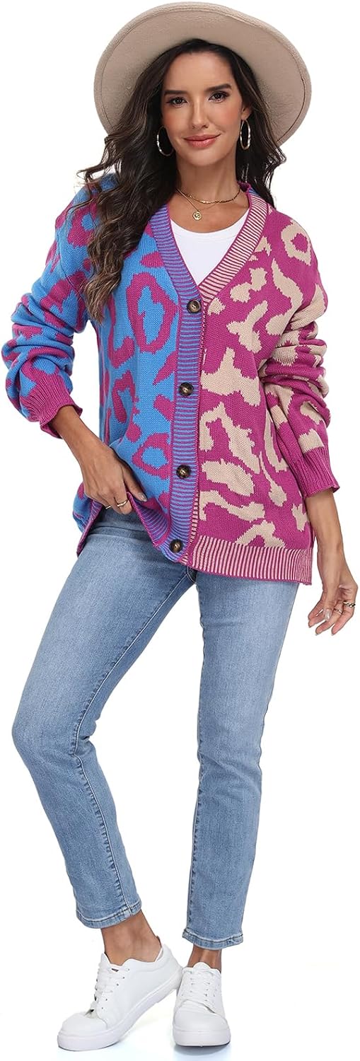 Miusey Women's Leopard Print Cardigan V Neck Open Front Long Sleeve Color Block Button Down Sweater Outwear - Image 5