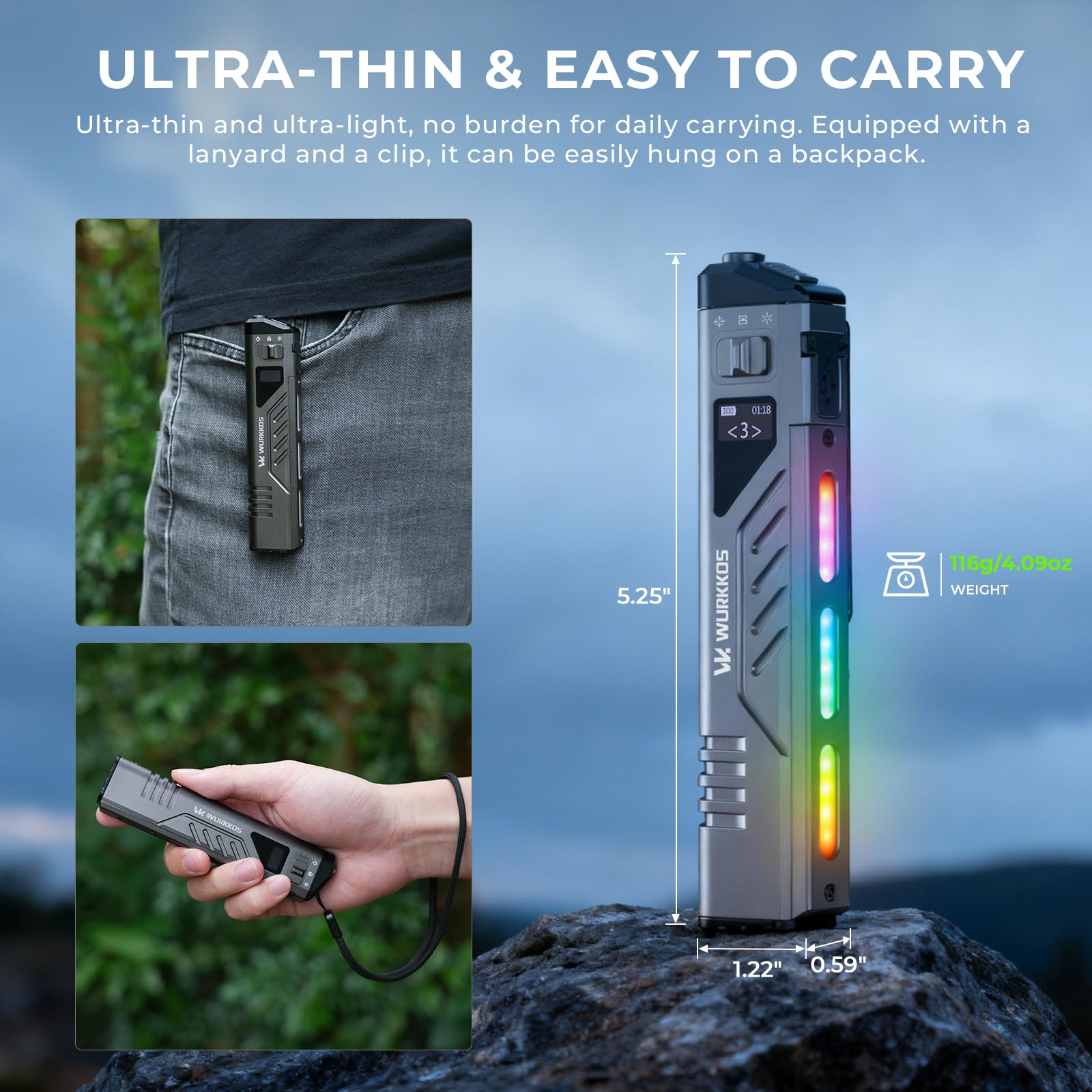 Wurkkos TD11 Taktische Taschenlampe, led taschenlampe usb aufladbar, Extrem Hell 3000LM EDC Taschenlampe Mit Seitenleuchten, wasserdicht klein Taschenlampe für Outdoor- und Indooraktivitäten