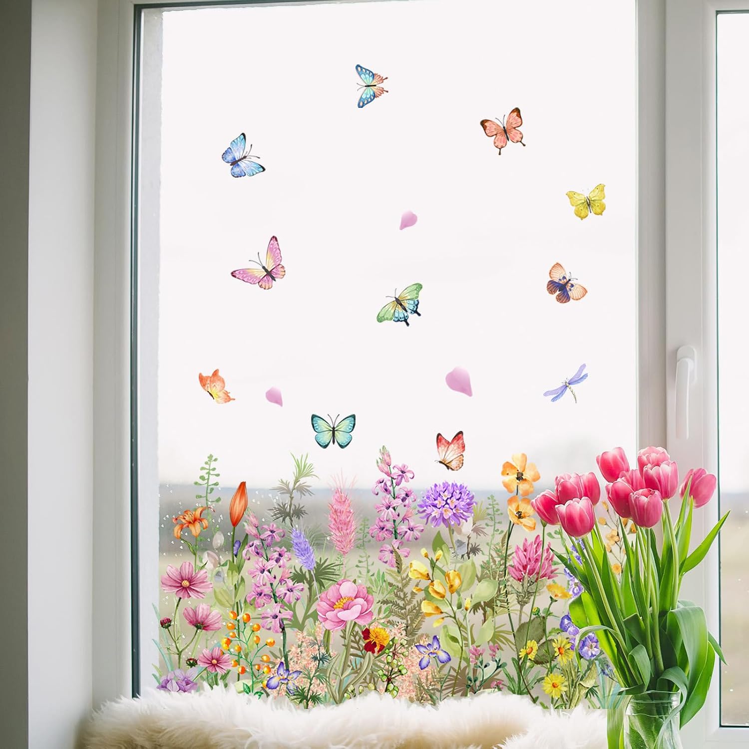 Flower Garden Window Stickers, Colorful Floral Bouquet Double-Sided Reusable Window Decals for Home Classroom Office Decor (Flowers & Butterfly)
