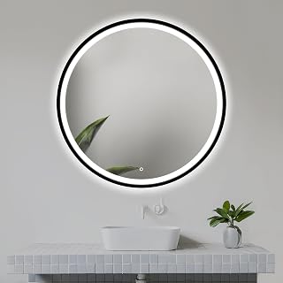 Espejo de baño LED de 80 cm con Marco de Metal Negro, Espejo de baño Redondo con luz, Espejo de Pared, Espejo con iluminación LED