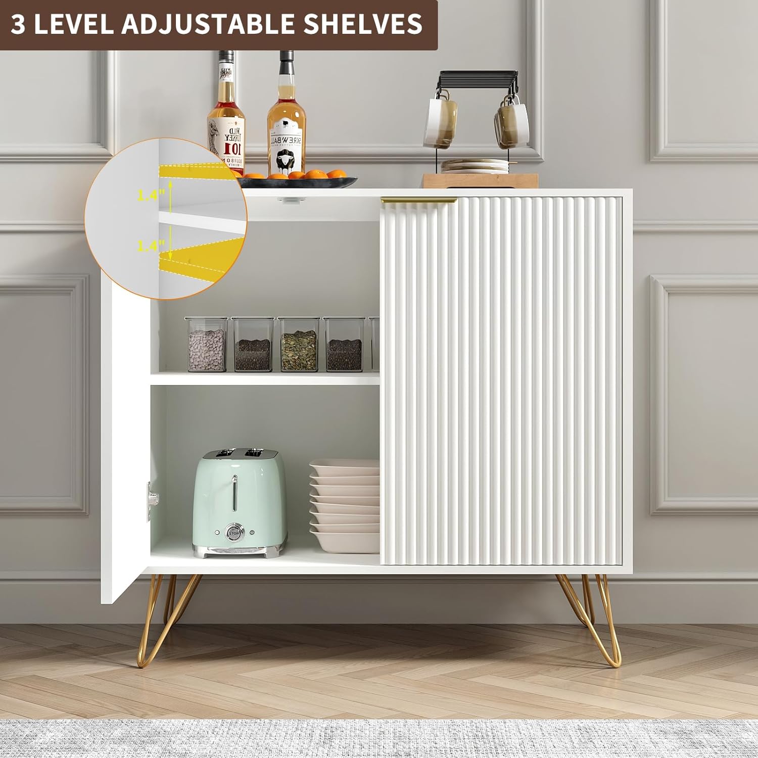 White Buffet Cabinet with Storage - Fluted White and Gold Cabinets with 2 Doors and Adjustable Shelf, Modern Accent Cabinet Console Coffee Bar Table for Kitchen, Entryway, Office