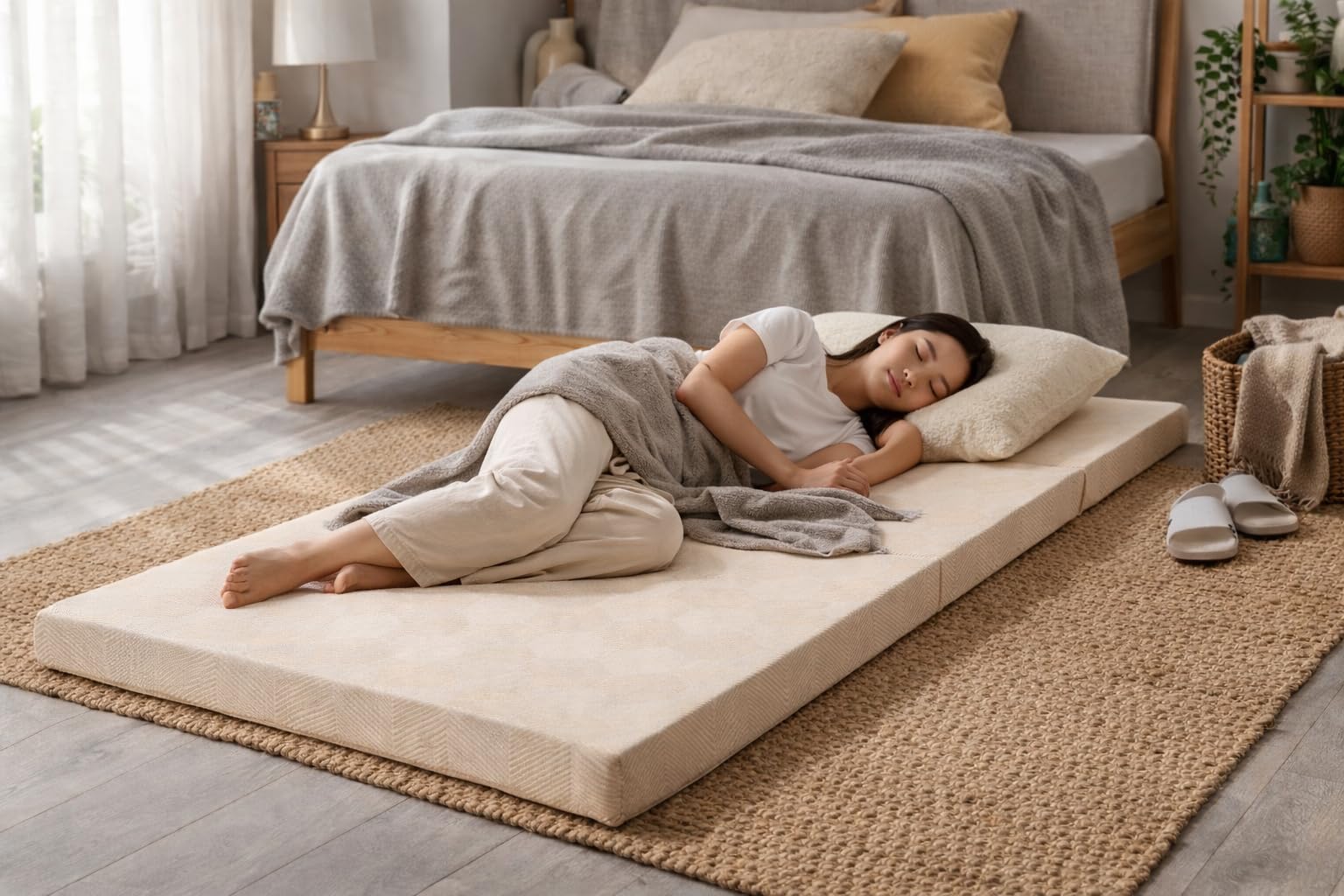 Tri-Fold Foldable Mattress for Floor | 5 Year's Warranty | Single 3 Inch HR Foam Folding Mattress | 240 GSM Knitted Fabric Zip Cover | Travel/Guest Bed/Lightweight Gadda | Beige,72x48-image-37