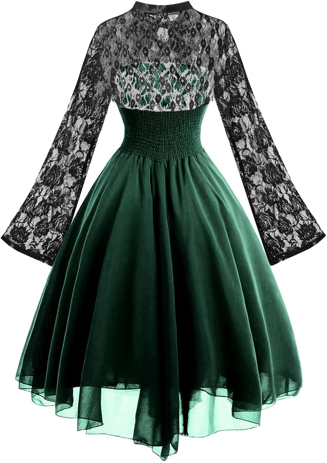 Miniatura 3 de Vestido gótico sin mangas para mujer con corsé halter de encaje swing vestido de cóctel formal Halloween punk hippie vestidos, Flare Lace Sleeve#