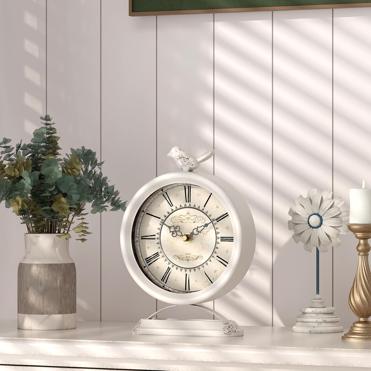 Vintage Table Clock with Bird, European Antique Style White Mantel Clocks, Desk and Shelf Decor Clock, for Farmhouse, Bedside, Living Room, Bedroom, Gift (9" H x 6.5" W)