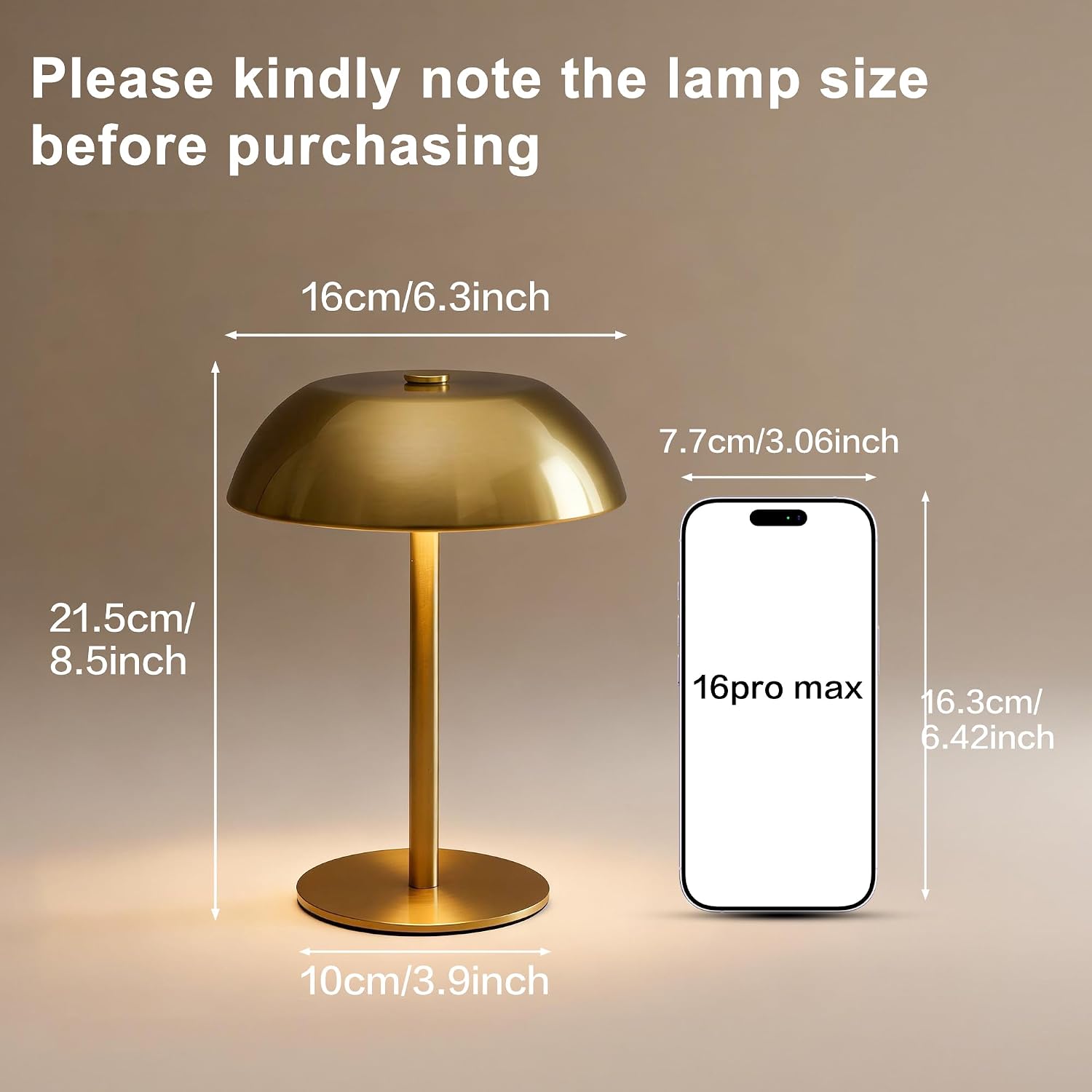 Gold Cordless Table Lamp, 5200mAh Battery Operated Mushroom Lamp, 3-Color Stepless Dimming, Portable Rechargeable LED Light for Bedside, Restaurant, Patio (Damp Rated)