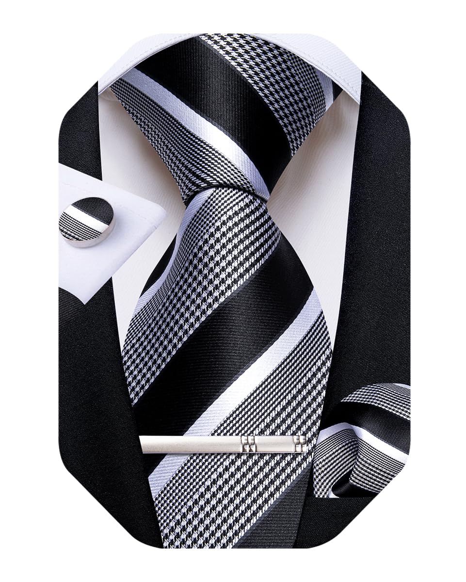 DiBanGu Mens Striped Tie Silk Woven Necktie and Pocket Square Cufflinks Tie Clip Set Wedding Business Formal Gift Tie for Men