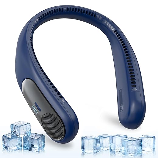 Portable Neck Fan, Personal Wearable Bladeless Fan for Outdoor Indoor, LED Display, 360° Cooling, 4-Speeds, 6000mAh USB Rechargeable, Birthday Gifts for Men Women Dad Mom (Blue)