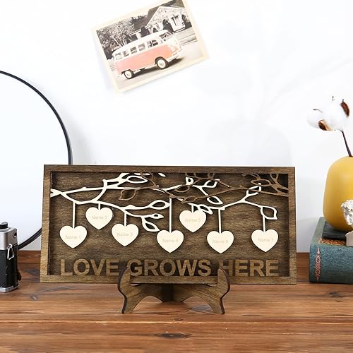 Vista 151 de Árbol genealógico con etiqueta de corazón, placas de madera grabadas personalizadas, regalos personalizados para madres, padres, escritorio, nombres